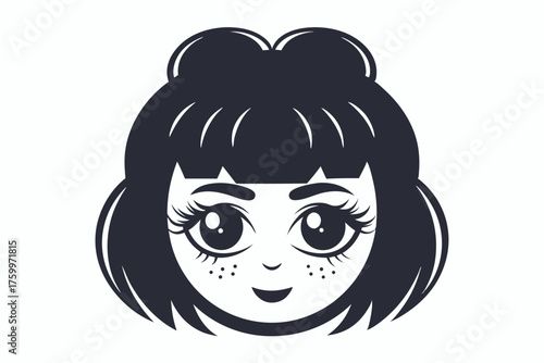 Monochrome girl with bob haircut shows a charming smile and freckles on her face