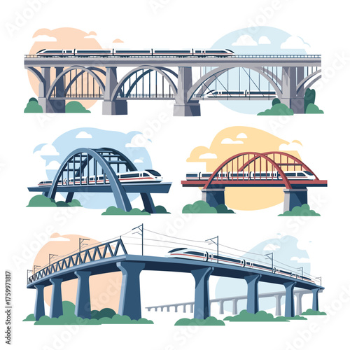 Illustrations of Various Railway Bridges Carrying Trains Across Different Landscapes.