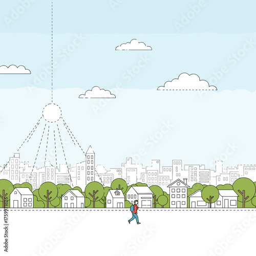 A person walks through a scenic cityscape with trees and clouds overhead.