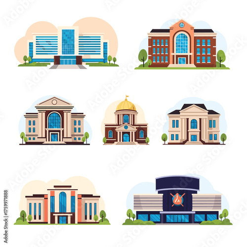 A collection of educational institution buildings showcasing diverse architectural styles for learning environments.