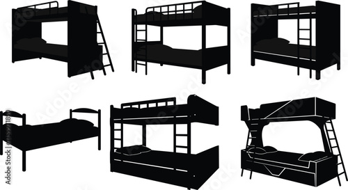 Black silhouette vector illustration of bunk beds, loft bed, single bed, ladder designs, furniture icons, bedroom interior, space-saving concepts