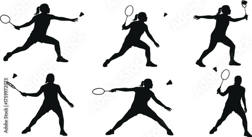 Black silhouette vector illustration of children playing badminton with rackets and shuttlecocks, dynamic sports activity poses, fitness, recreation, outdoor game concepts