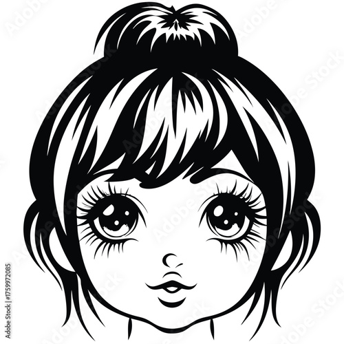 Stylized girl's face with big eyes and a topknot is showcased in black and white