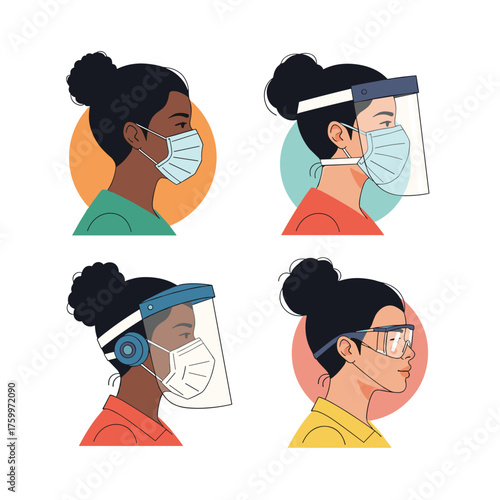 Four diverse individuals wearing different types of protective face coverings for health and safety.