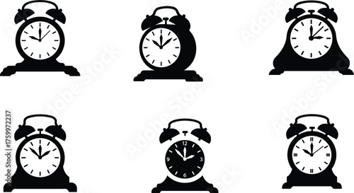 Black silhouette vector illustration of classic analog alarm clocks showing different times, vintage retro design icons, punctuality, education, time management concepts