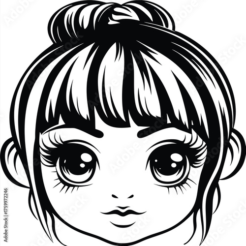 Monochromatic manga girl with large eyes and a messy bun captivates with her stylized look