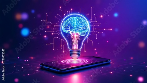 Brain power ai concept lightbulb on phone futuristic technology innovation idea generation network data on transparent background
