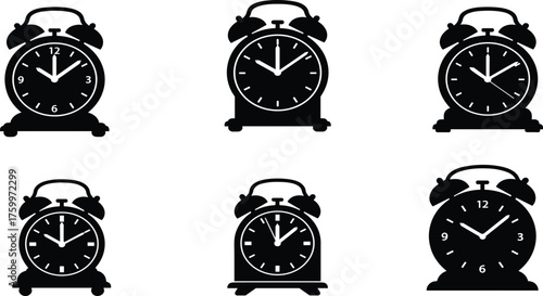 Black silhouette vector illustration of classic analog alarm clocks showing different times, vintage retro design icons, time education, punctuality concepts