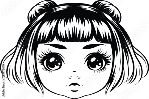 Manga girl with bangs and space buns in black and white looks forward