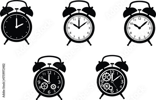 Black silhouette vector illustration of classic twin bell alarm clocks showing different times, vintage retro timepieces, punctuality, education, time management, decor concepts