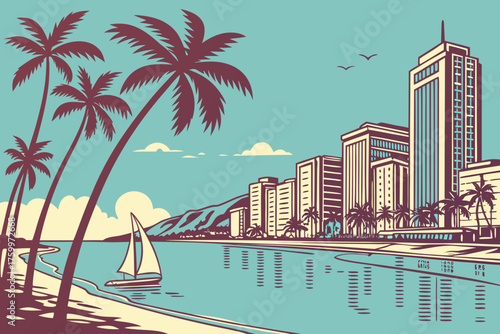 Flat design of Honolulu skyline and palm coastline view