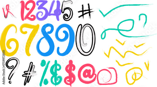 Colorful Hand Drawn Numbers and Symbols in Brush Style Isolated