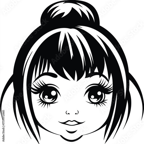 Monochrome anime girl features prominent eyelashes and a high bun hairstyle in this vector