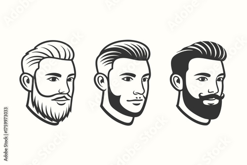 Three different handsome stylish Caucasian men feature varied beards and elegant hairstyles