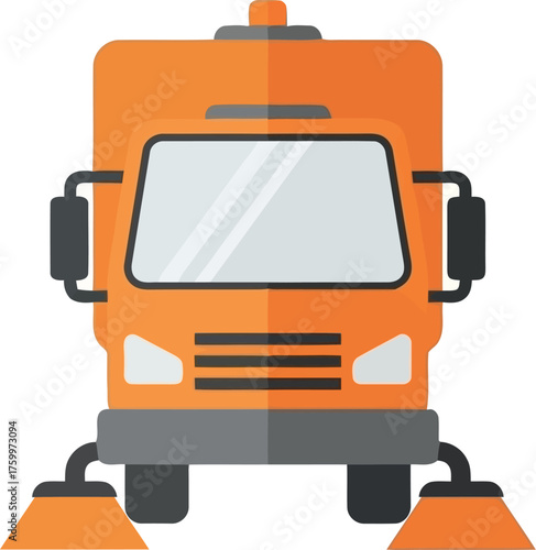 Orange street sweeper truck vehicle cleaning service equipment vector