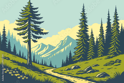 Flat design of Mount Rainier National Park alpine forest

