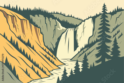 Flat design of Yellowstone canyon and waterfall minimal art
