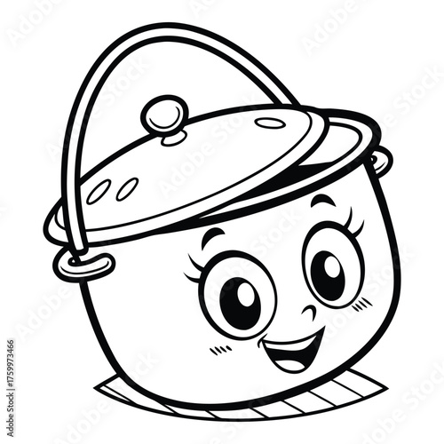 A cute black-and-white cartoon pot with a smiling face, featuring simple lines and a playful design on a plain white background.