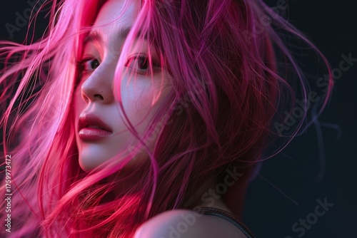 Close-up of young asian woman with pink hair, soft lighting highlighting delicate features against dark, moody background. Neural network AI generated