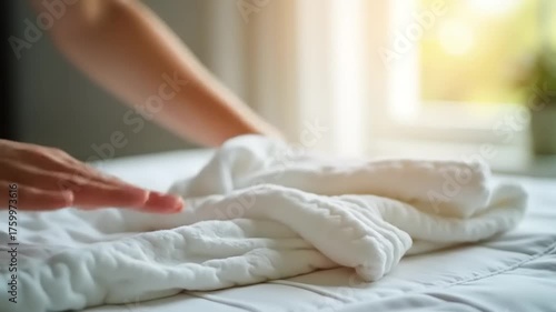 Folding white towel on bed with morning light.