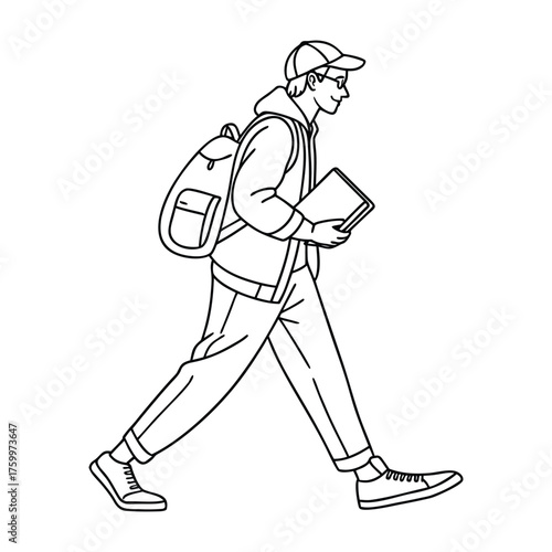 Line drawing of a man walking with a backpack and book, wearing casual clothes and sneakers. Simple, elegant illustration Vector.