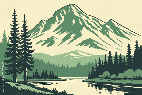 Flat modern design of Mount Lassen volcano and forest lake
