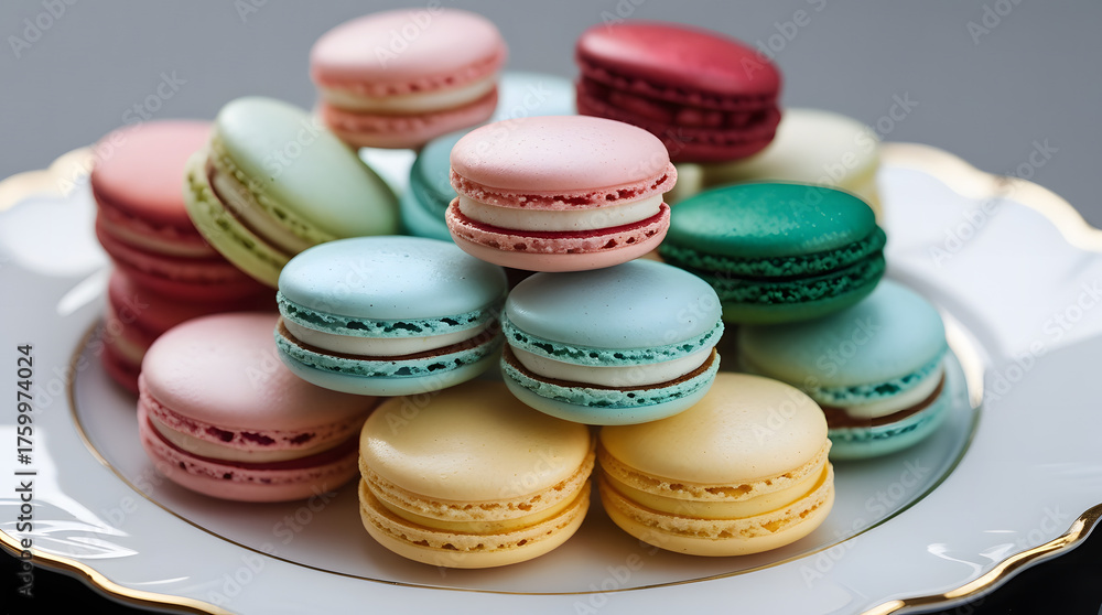 Obraz premium This image displays an alluring stack of macarons in a rich variety of colors, featuring shades of deep red, light pink, mint green, and pale yellow. The arrangement highlights the perfectly formed 