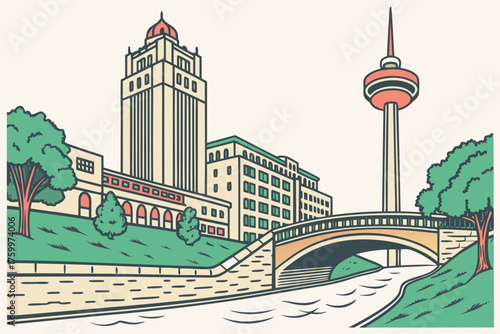 Flat modern design of San Antonio skyline and River Walk
