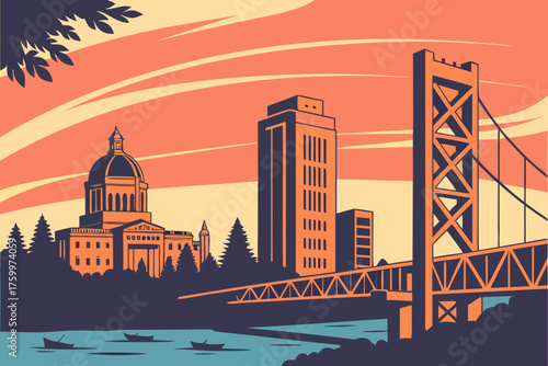 Flat modern vector of Sacramento skyline at sunrise tone
