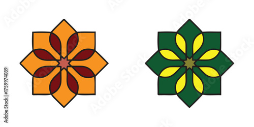 Two contrasting six-petal floral vector icons with a sophisticated, earthy color scheme (orange, brown) and a fresh, bright palette (green, yellow), ideal for branding, nature concepts, or seasonal de