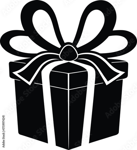 Black Gift Box Vector Icon with Large Bow and White Ribbon Detail