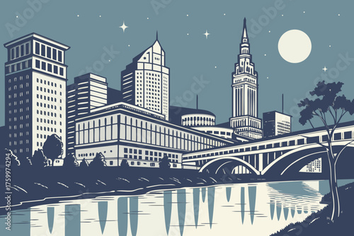 Flat vector of Cleveland skyline at night with lake reflection
