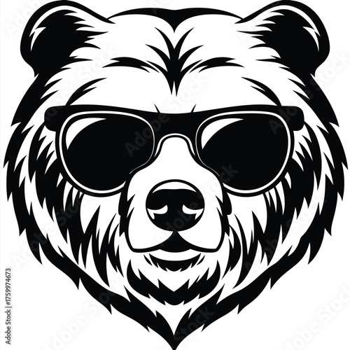 Monochrome bear portrait showcases bold sunglasses creating a modern, striking, animalistic icon