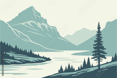 Minimalist Glacier National Park ice lake vector in soft tones
