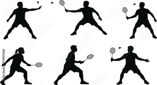 Collection of badminton player silhouette vector illustrations showing dynamic sports poses with rackets and shuttlecocks, athletic movement, training, competition design