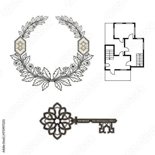 Elegant architecture vector elements with acanthus wreath, floorplan icon, and detailed key for luxury real estate