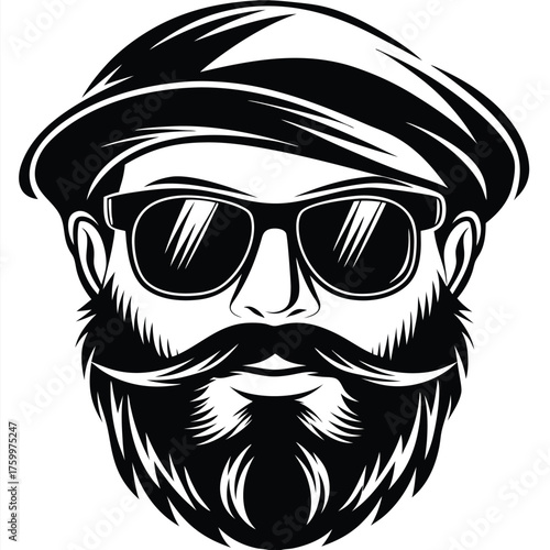 Stylish bearded man wearing sunglasses and a cap in a monochrome portrait