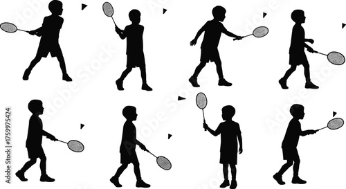 Collection of child badminton player silhouette vector illustrations showing dynamic sports poses with rackets and shuttlecocks, athletic movement, training, competition design