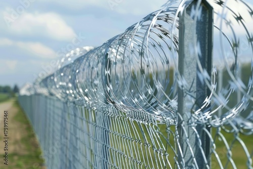 Razor barbed wire or concertina razor coil barrier security fence restricted security area in airport. Neural network ai generated art