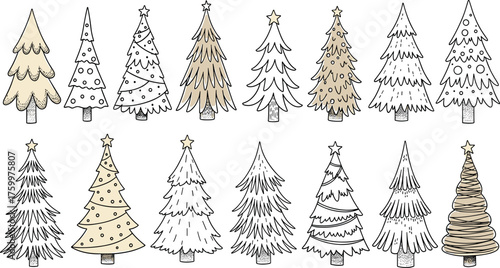 Collection of hand-drawn Christmas trees in various styles for holiday decorations and design