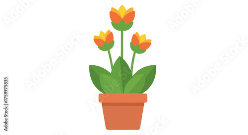 Flat Design Potted Plant Illustration: Indoor Flowers in a Terracotta Pot