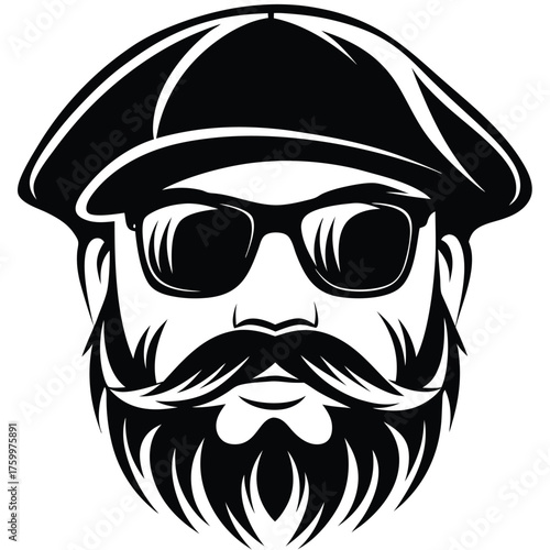 Monochrome man's face with peaked cap, full beard, and sunglasses is displayed