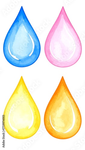 Four colorful, stylized watercolor teardrop shapes, each with varying hues