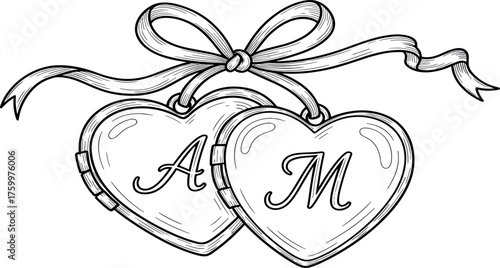 Romantic Heart Lockets with Initials A and M, Tied Together with a Ribbon Bow, Symbolizing Love and Connection