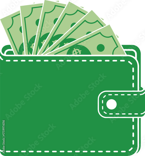 Green wallet stuffed with cash us dollar bills money finance wealth savings income concept flat design vector illustration white background