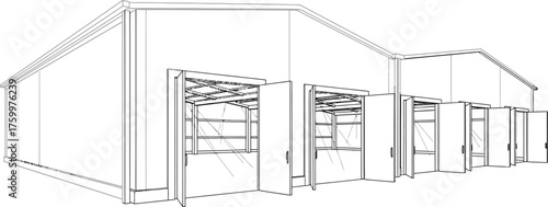Warehouse with Open Doors on White Background, Line Art Style