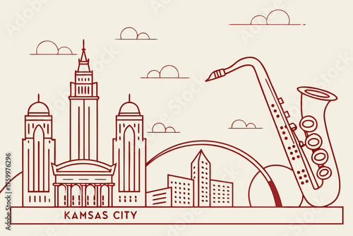 Minimalist vector of Kansas City skyline and jazz vibe
