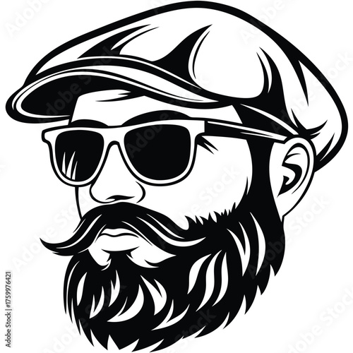 Stylish man with sunglasses, beard, and newsboy cap stares ahead in monochromatic design
