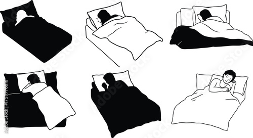 Silhouette people sleeping in different positions on bed with blanket, peaceful rest, night sleep habits, relaxation, comfort, bedtime illustration