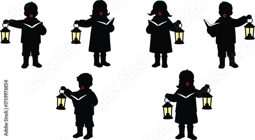 Silhouettes of children holding lanterns and books in winter clothing, glowing light vector illustration for storytelling, exploration, education, and festive design